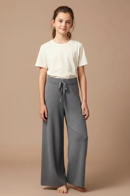 Pantalon Gris Tricoté Ample Décontracté Cordon Fille - Maille