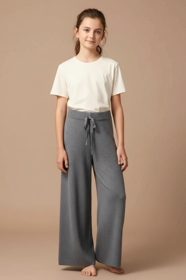 Pantalon Gris Tricoté Ample Décontracté Cordon Fille - Maille