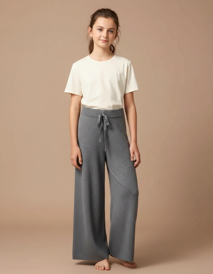 Pantalon Gris Tricoté Ample Décontracté Cordon Fille - Maille