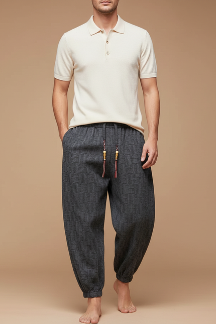 Pantalon Gris Harem Motif Géométrique Décontracté Homme - Coton