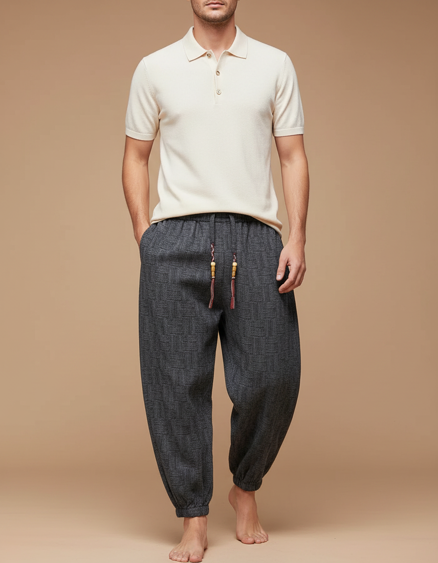 Pantalon Gris Harem Motif Géométrique Décontracté Homme - Coton