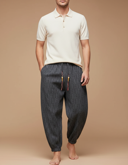 Pantalon Gris Harem Motif Géométrique Décontracté Homme - Coton