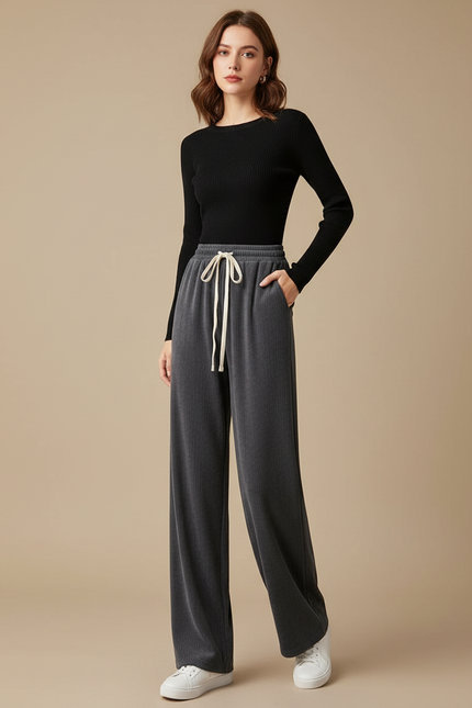 Pantalon Gris Ample Côtelé Décontracté Confortable - Cordé