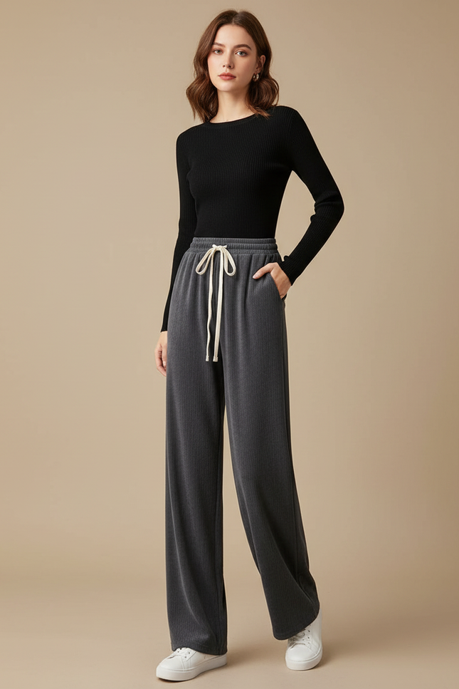 Pantalon Gris Ample Côtelé Décontracté Confortable - Cordé