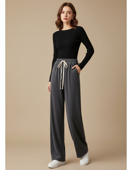Pantalon Gris Ample Côtelé Décontracté Confortable - Cordé