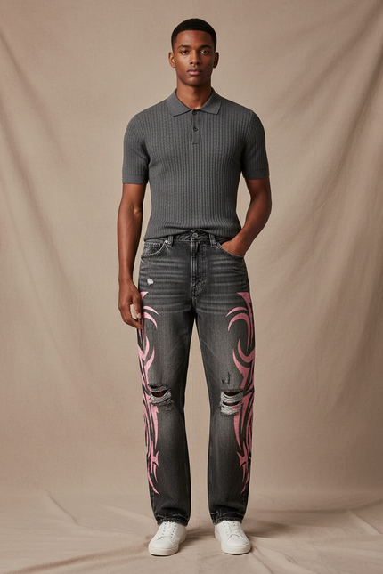 Pantalon Gris Large Imprimé Vintage Hip Hop Homme - Jean