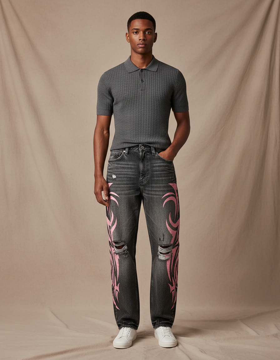 Pantalon Gris Large Imprimé Vintage Hip Hop Homme - Jean