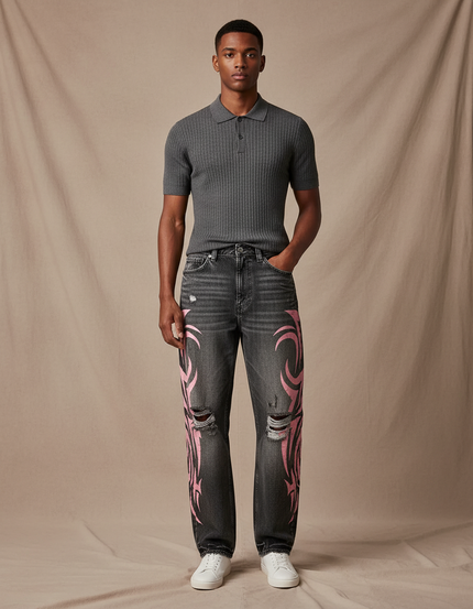 Pantalon Gris Large Imprimé Vintage Hip Hop Homme - Jean