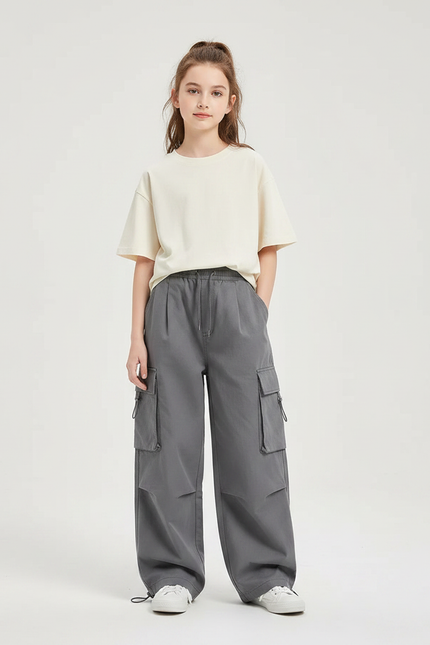 Pantalon Gris Cargo Ample Enfant Streetwear - Polyester