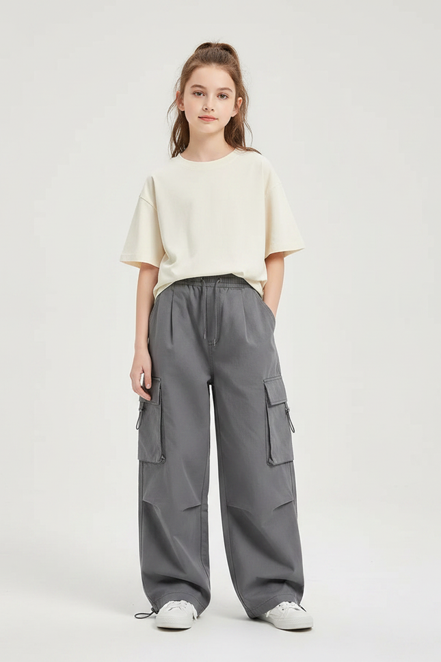 Pantalon Gris Cargo Ample Enfant Streetwear - Polyester