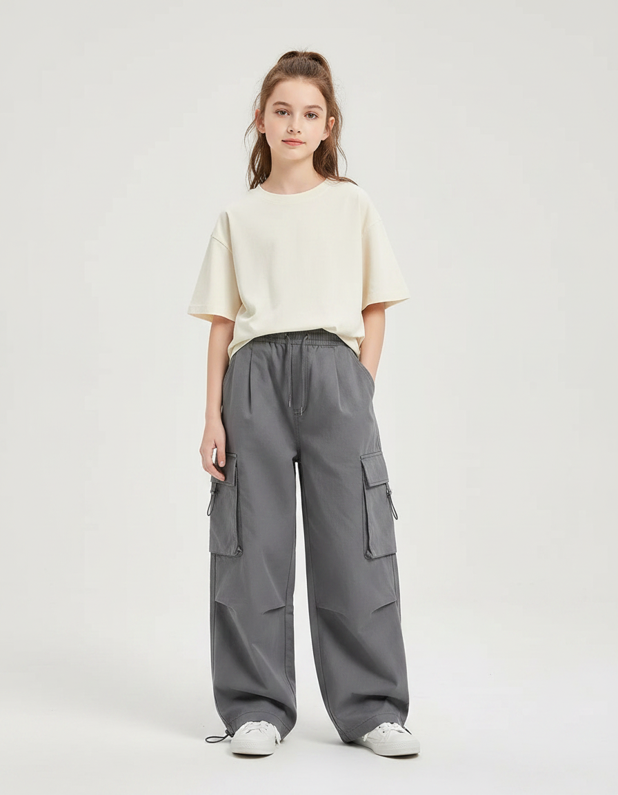 Pantalon Gris Cargo Ample Enfant Streetwear - Polyester