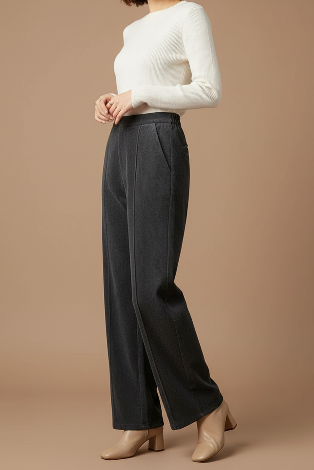Pantalon Gris Côtelé Large Décontracté Confortable Femme - Cordé