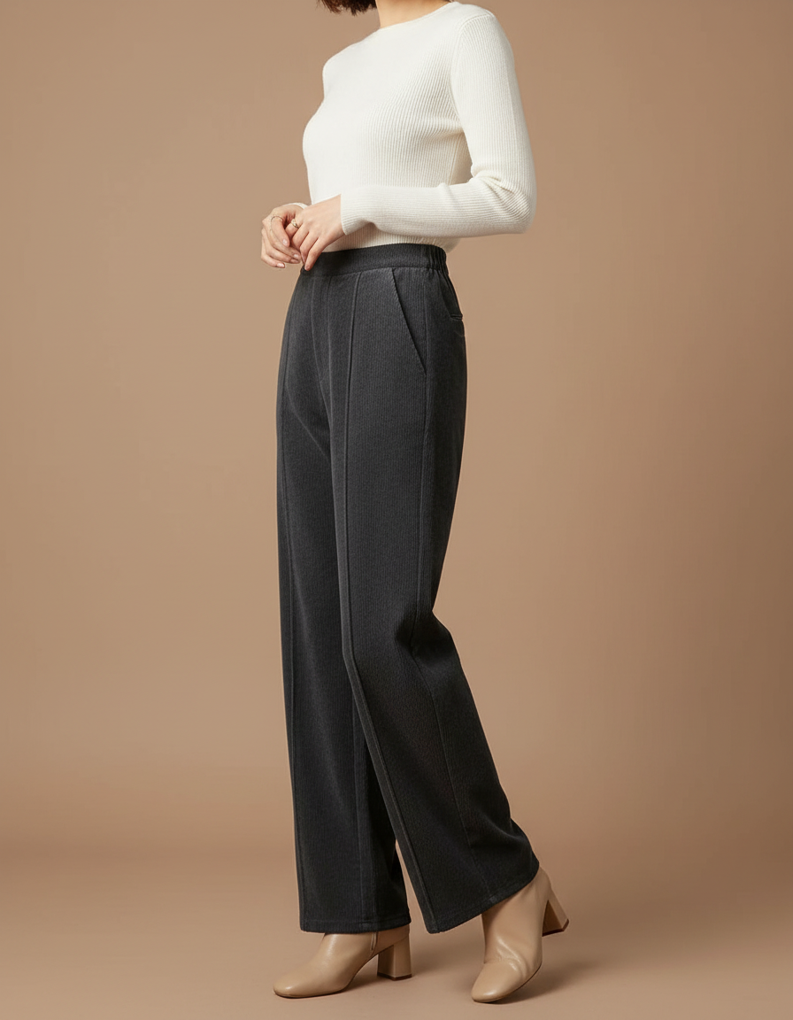 Pantalon Gris Côtelé Large Décontracté Confortable Femme - Cordé