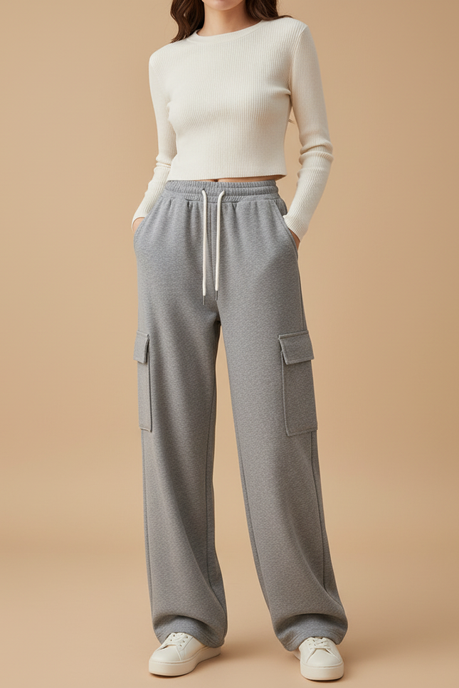 Pantalon Gris Cargo Molletonné Ample Décontracté Femme