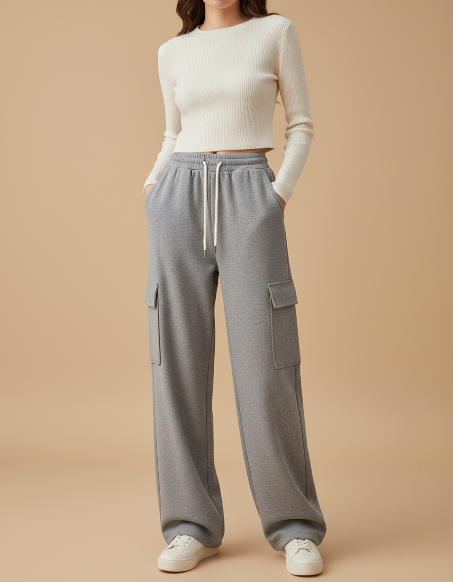 Pantalon Gris Cargo Molletonné Ample Décontracté Femme