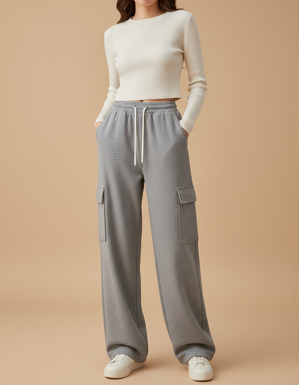 Pantalon Gris Cargo Molletonné Ample Décontracté Femme