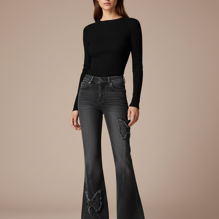 Pantalon Gris Évasé Taille Haute Denim Papillons - Jean
