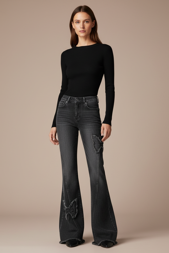 Pantalon Gris Évasé Taille Haute Denim Papillons - Jean