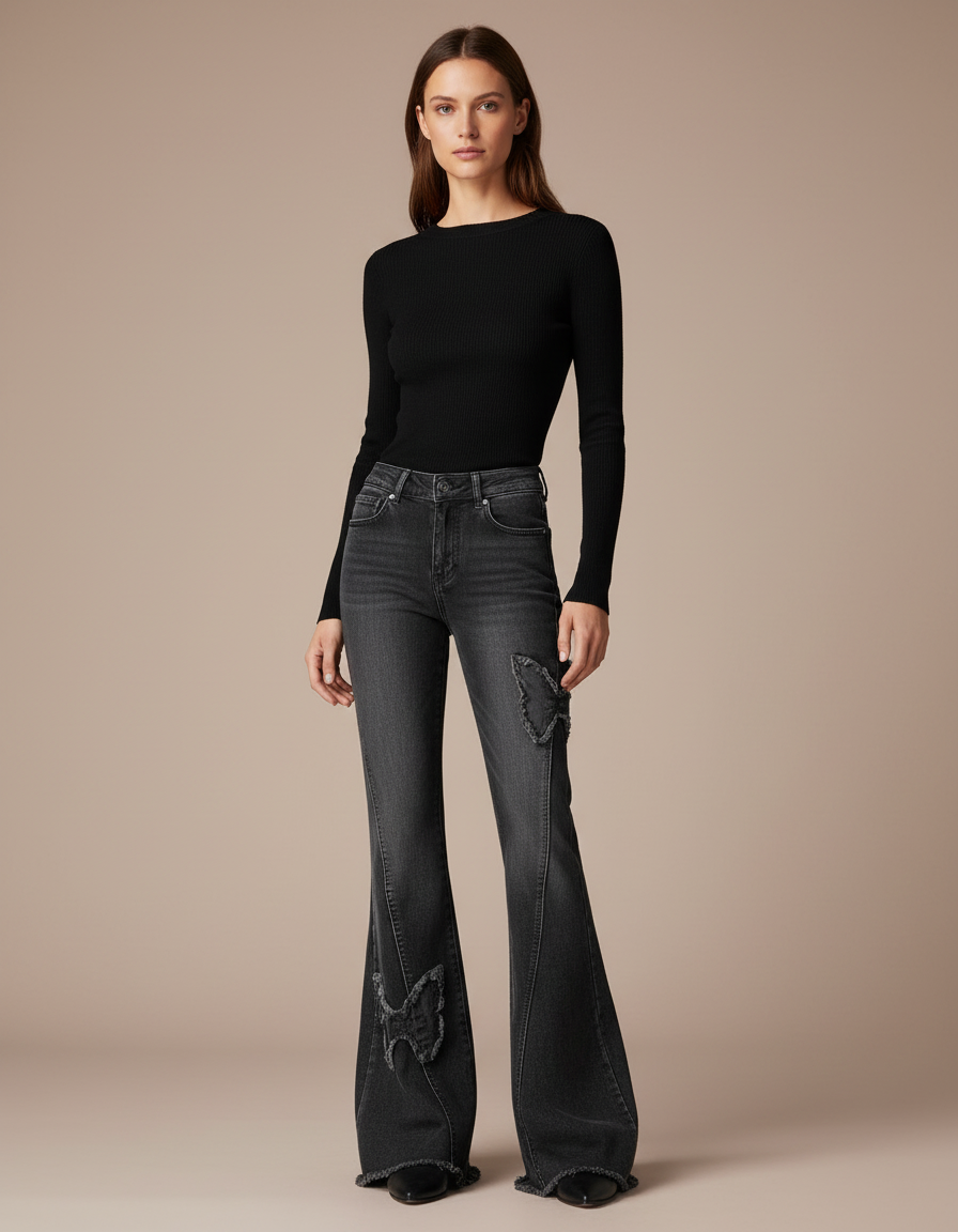 Pantalon Gris Évasé Taille Haute Denim Papillons - Jean