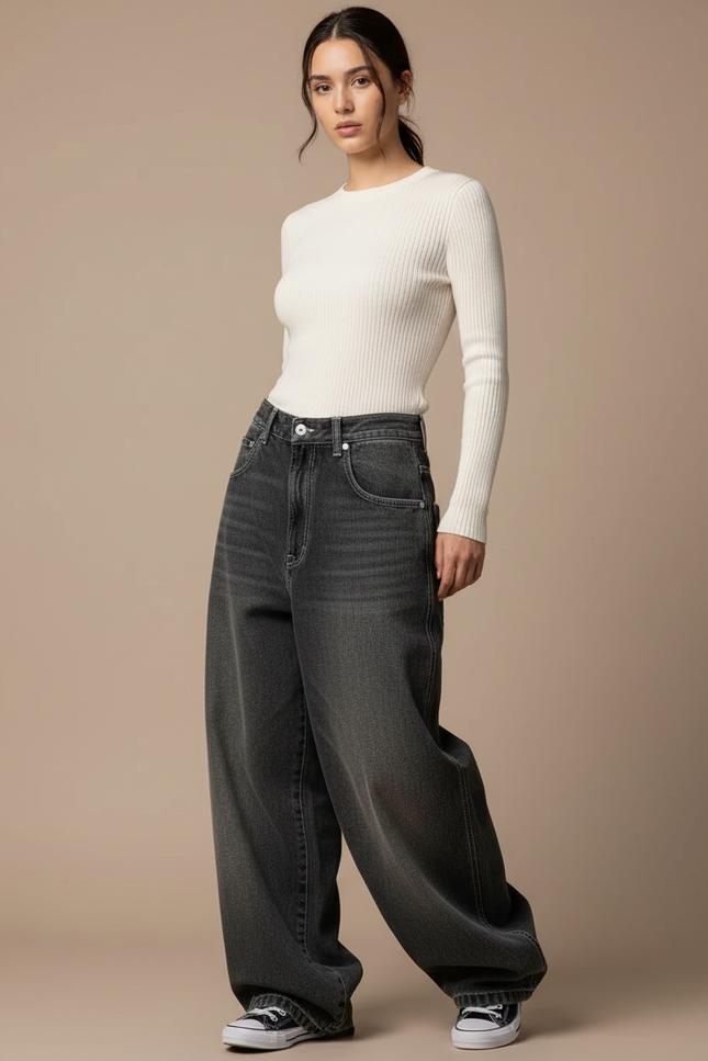 Pantalon Gris Ample Délavé Taille Haute Femme Y2K - Jean