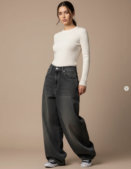Pantalon Gris Ample Délavé Taille Haute Femme Y2K - Jean