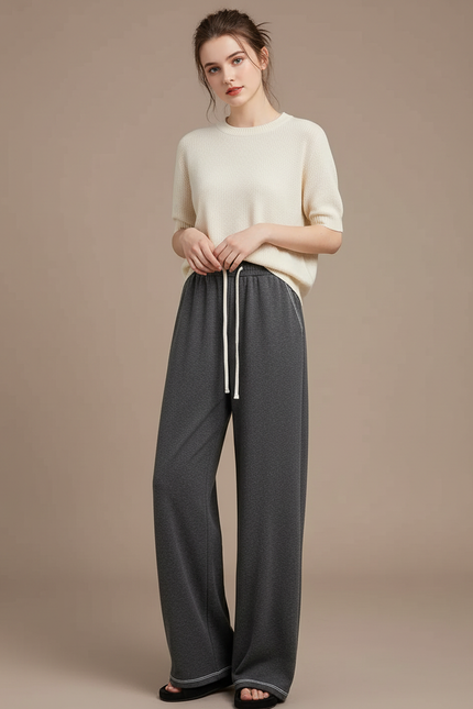 Pantalon Gris Fluide Ample Décontracté Confortable Cordon - Molleton