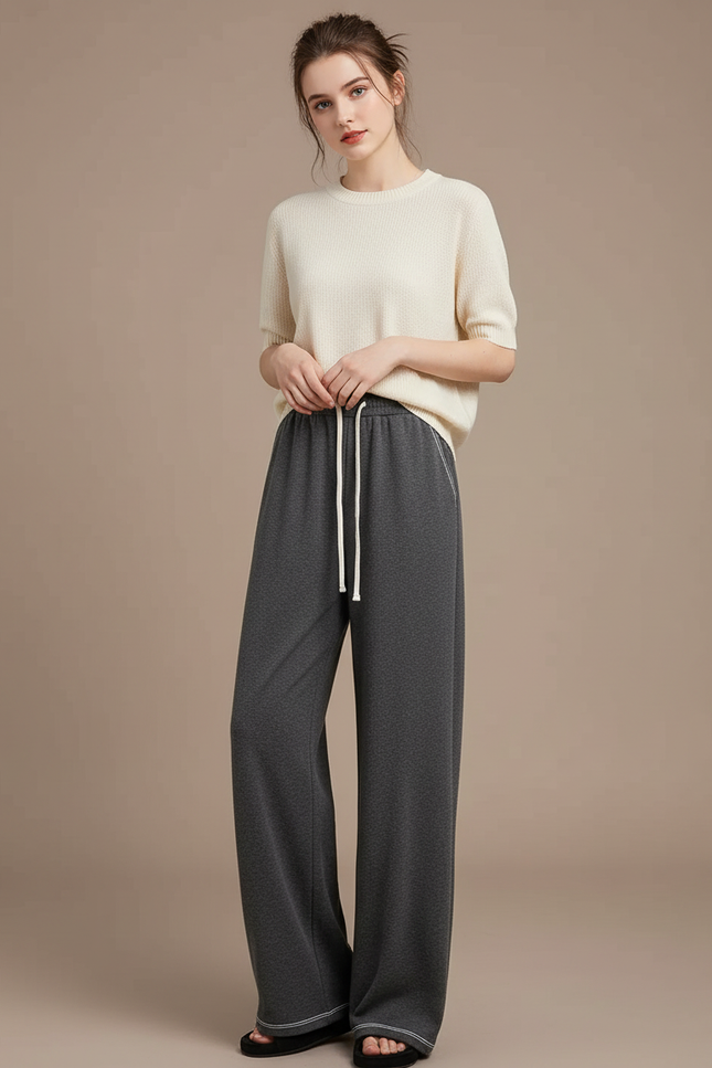 Pantalon Gris Fluide Ample Décontracté Confortable Cordon - Molleton