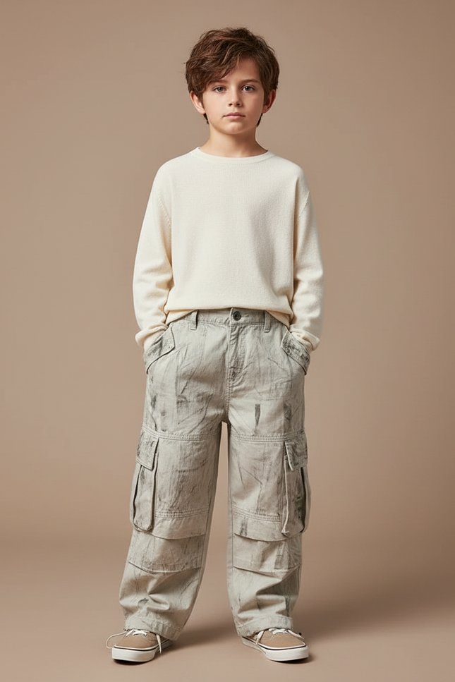 Pantalon Gris Cargo Ample Délavé Enfant Décontracté - Toile