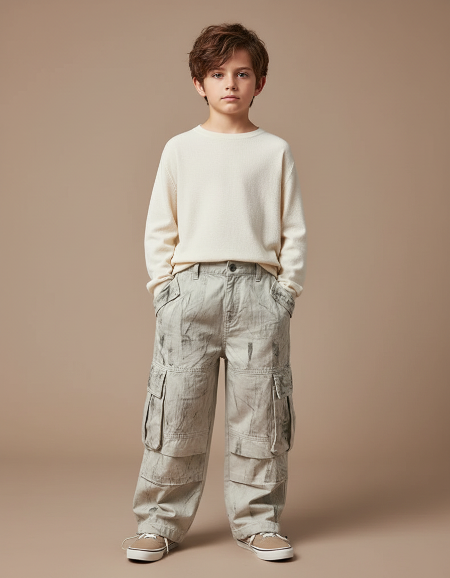 Pantalon Gris Cargo Ample Délavé Enfant Décontracté - Toile