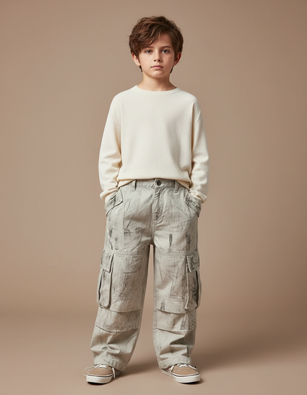 Pantalon Gris Cargo Ample Délavé Enfant Décontracté - Toile