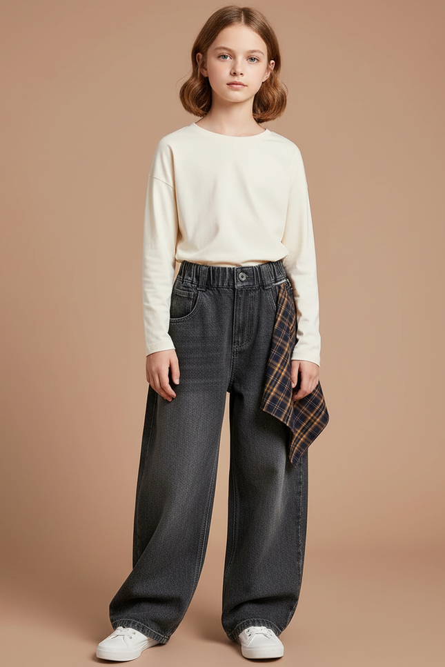 Pantalon Gris Droit Ample Denim Plaid Enfant - Jean