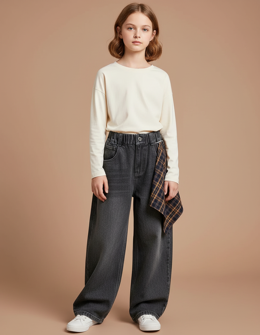 Pantalon Gris Droit Ample Denim Plaid Enfant - Jean
