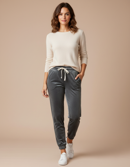 Pantalon Gris Velours Jogger Cordon Décontracté Femme
