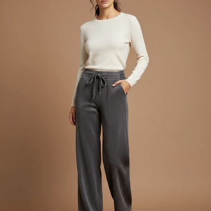 Pantalon Gris Côtelé Large Confortable Femme Décontracté - Cordé