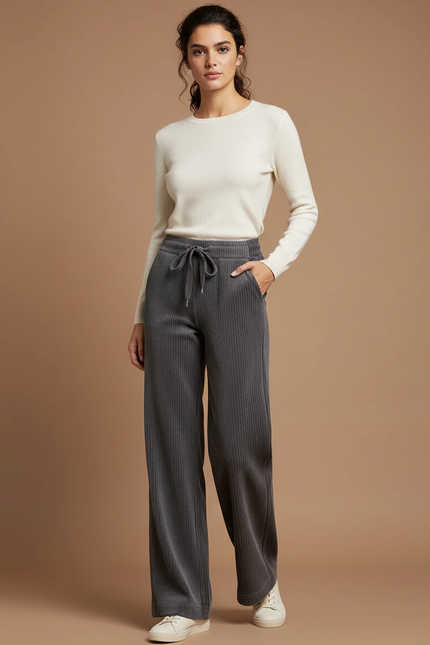Pantalon Gris Côtelé Large Confortable Femme Décontracté - Cordé