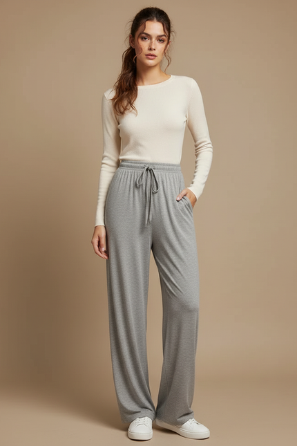 Pantalon Gris Fluide Ample Cordon Décontracté Femme - Maille