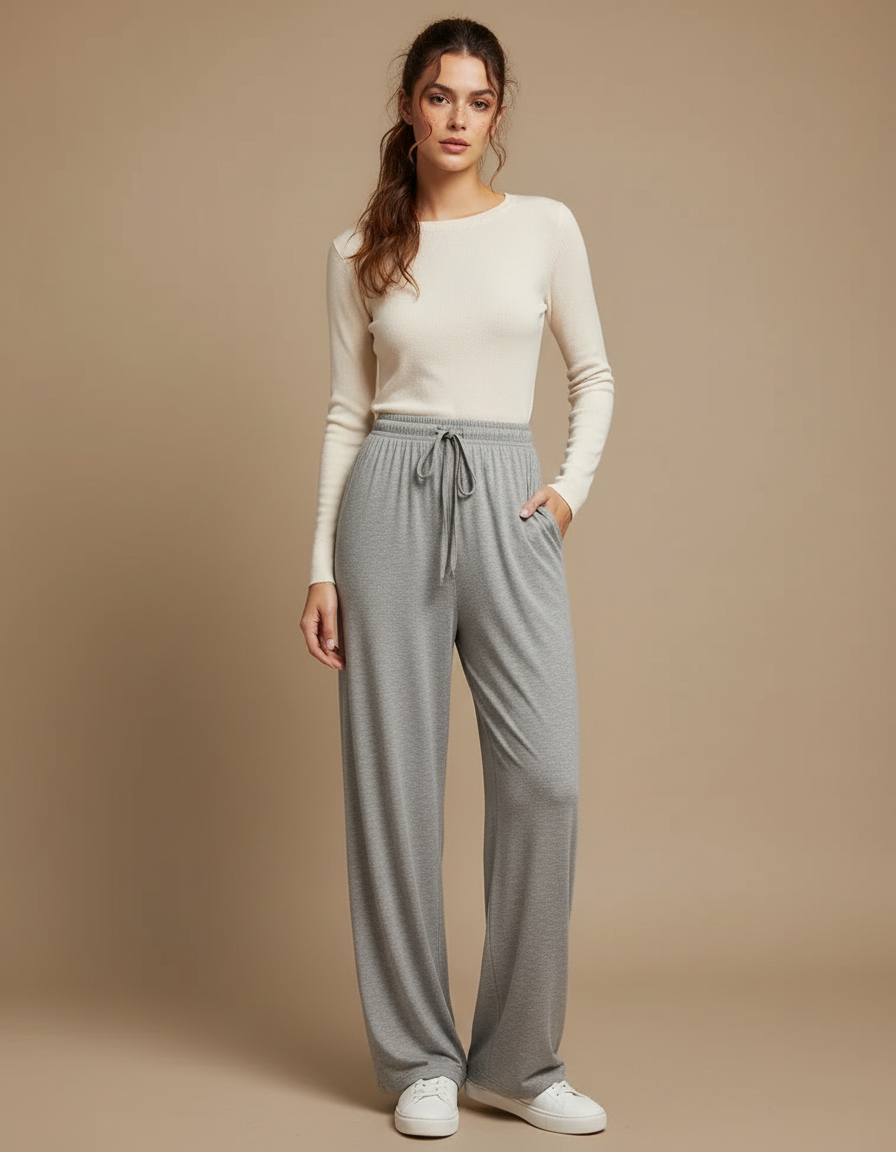 Pantalon Gris Fluide Ample Cordon Décontracté Femme - Maille