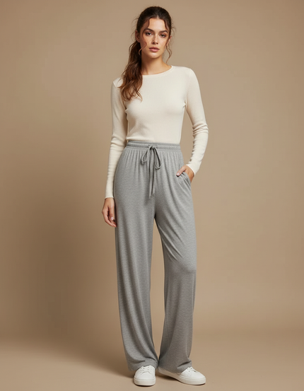 Pantalon Gris Fluide Ample Cordon Décontracté Femme - Maille