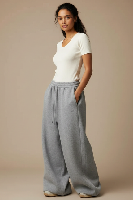 Pantalon Gris Ample Molletonné Cordon Décontracté Femme