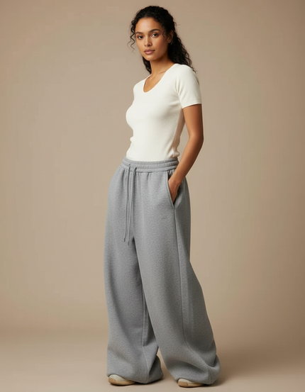 Pantalon Gris Ample Molletonné Cordon Décontracté Femme