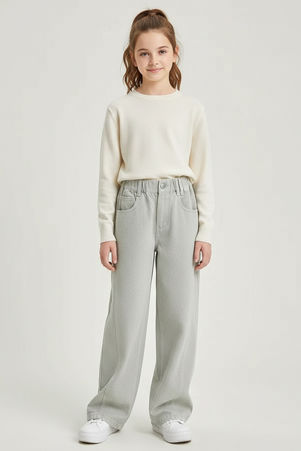 Pantalon Gris Large Denim Fille Décontracté - Jean