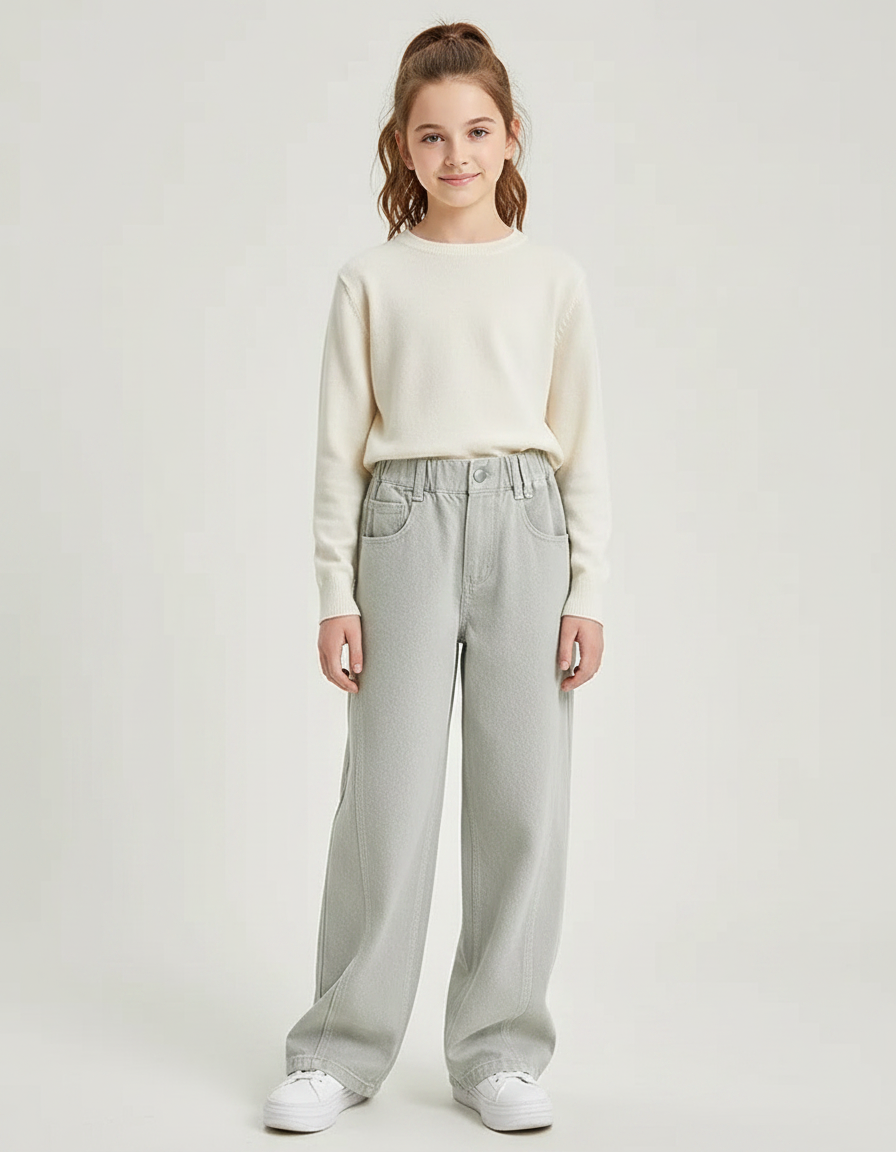 Pantalon Gris Large Denim Fille Décontracté - Jean