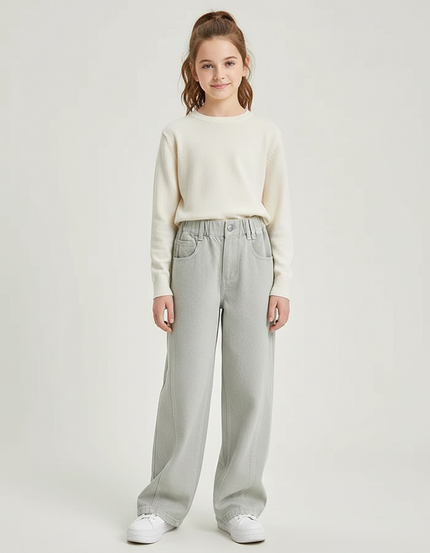 Pantalon Gris Large Denim Fille Décontracté - Jean