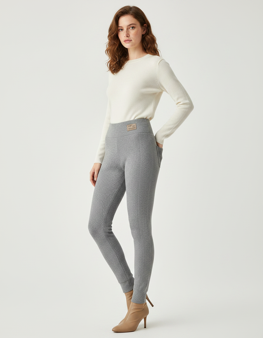 Pantalon Gris Côtelé Élastique Chaud Femme Hiver - Maille