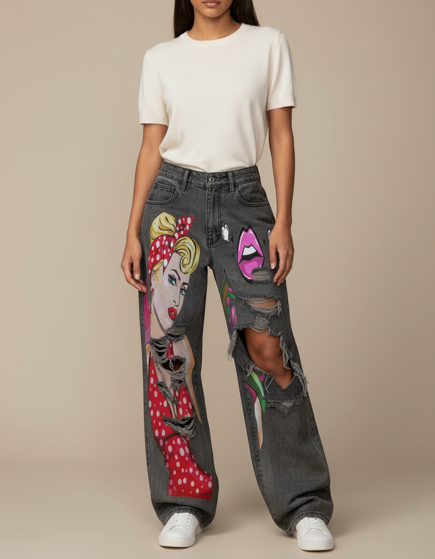 Pantalon Gris Jean Large Imprimé Déchiré Femme