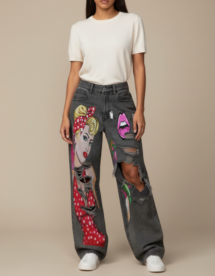 Pantalon Gris Jean Large Imprimé Déchiré Femme
