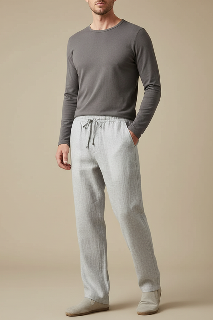 Pantalon Gris Droit Fluide Cordon Homme Lin