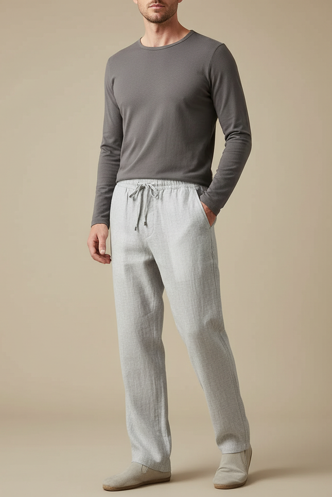 Pantalon Gris Droit Fluide Cordon Homme Lin