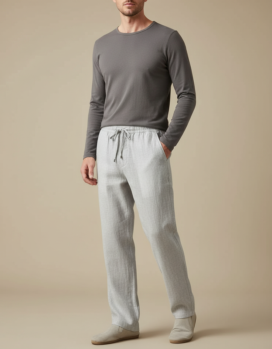 Pantalon Gris Droit Fluide Cordon Homme Lin