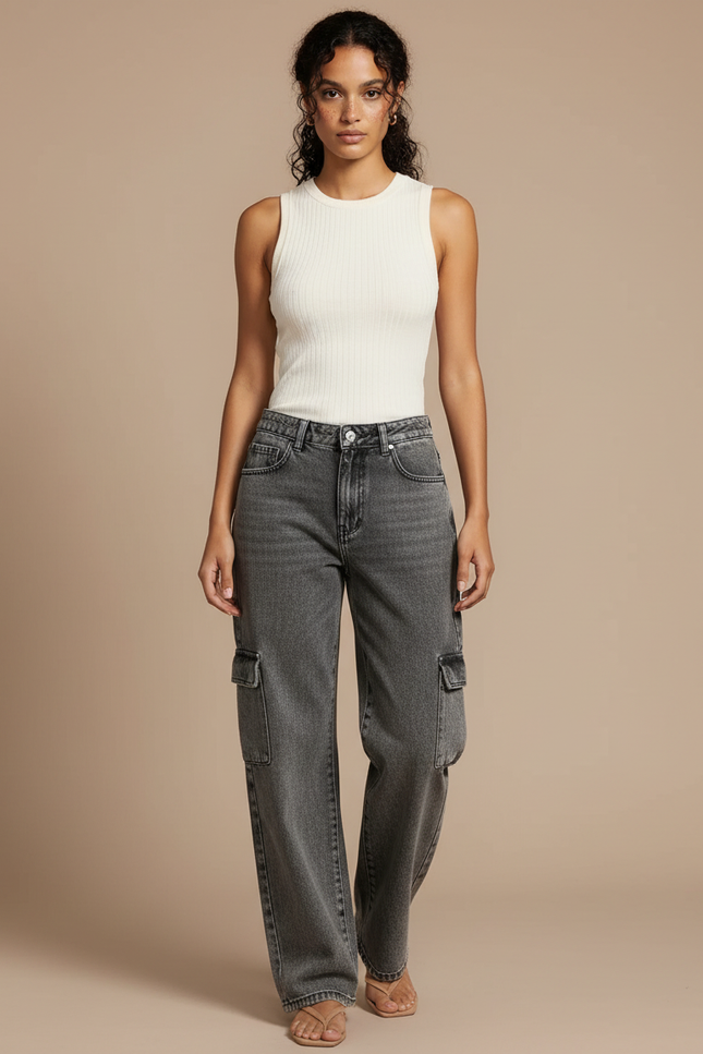 Pantalon Gris Cargo Taille Haute Ample Femme Y2K - Jean